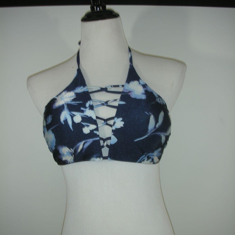 Athleta Blue Floral Halter Bikini Top Lace-Up Swim‎ Top Medium Coastal Beach